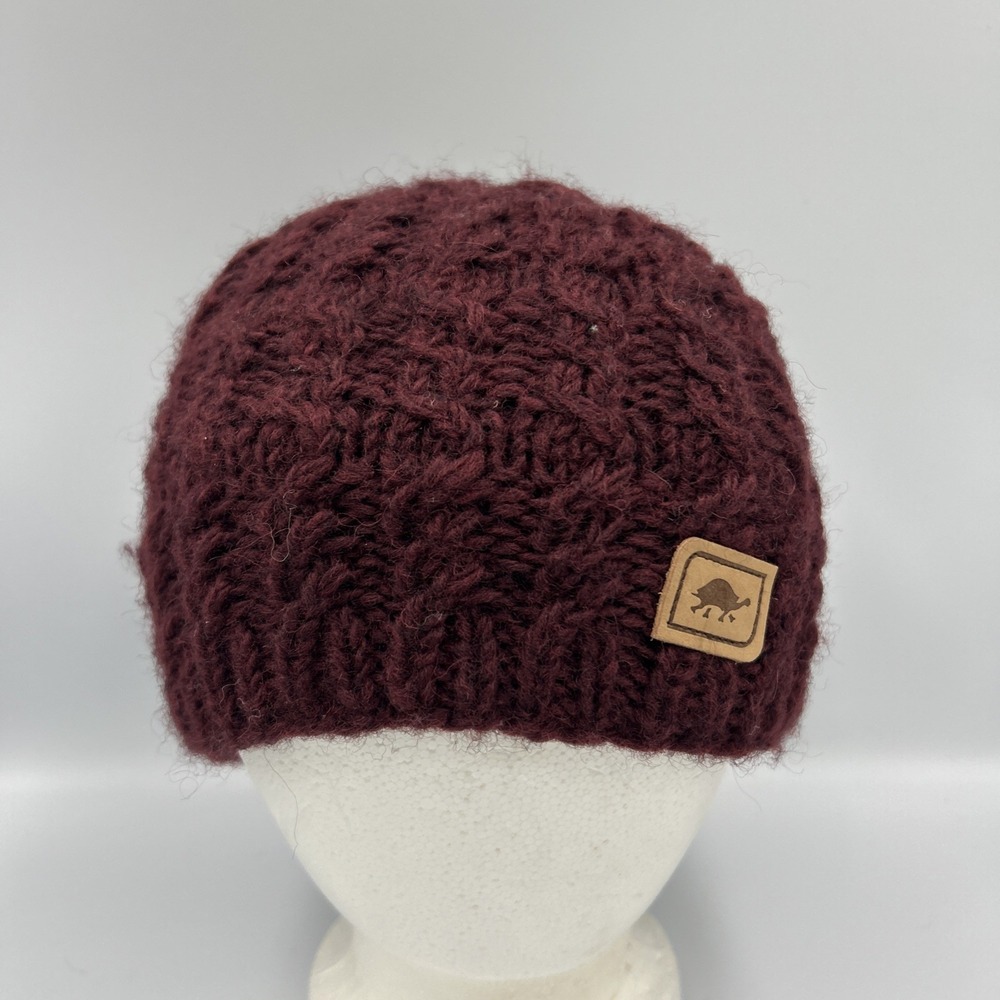 Turtle Fur Wool Knit Beanie Hat Maroon Fleece Lined Handmade Nepal Winter Unisex